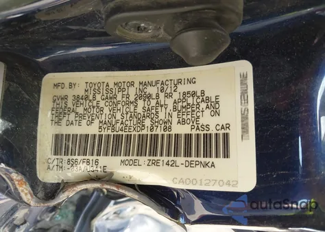 2013 Toyota Corolla Le from USA, damaged, VIN 5YFBU4EEXDP107108